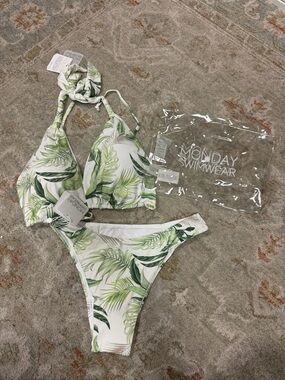 Monday Swimwear Leaf-Print Halter Bikini — Green & White